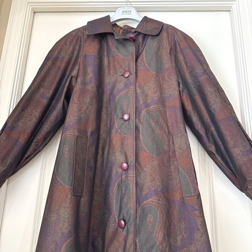 VTG Aquascutum Paisley Long Trench Coat Burgundy Purple Womens XL